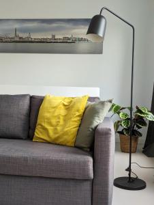 安特卫普Spacious and cosy apartment near Berchem Station的灯边的沙发,带黄色枕头