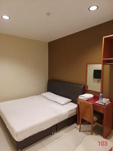 马六甲Doris Hotel的一间卧室配有一张床和一张带镜子的书桌