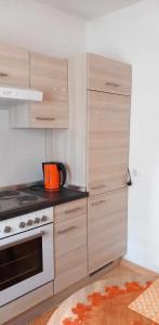 波斯尼亚克鲁帕Ferienwohnung Sabina的厨房配有一个位于炉子上的橙色锅