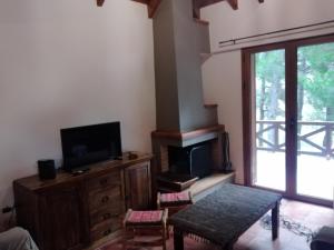 阿拉霍瓦View suites的带电视的客厅和木制娱乐中心