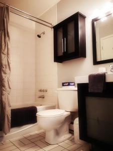 斯托纳姆Condo sur 2 niveaux avec magnifique vue sur la montagne的浴室配有卫生间、淋浴和盥洗盆。