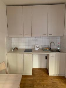 布尔诺Mitte Apartments的白色的厨房配有水槽和白色橱柜