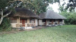 KwangwaziThe Nyerere Selous Ngalawa Tented Camp的茅草屋顶和庭院的小房子