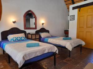 奥奇瓦龙戈Lion's Den Guesthouse Otjiwarongo的两张床铺位于带镜子的房间