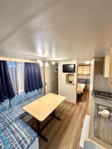 乌马格Kamp Slanik Mobile Homes的一个带桌子和床的房车