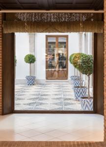 马拉加Palacio Solecio, a Small Luxury Hotel of the World的建筑前有盆栽植物的敞门