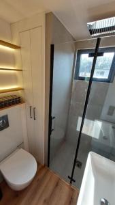 威斯巴登Riverboat-Rhein-Main Ferienloft的浴室配有卫生间、淋浴和盥洗盆。