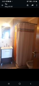 Camet NorteCabaña Marilau monoamb的浴室配有淋浴帘、水槽和卫生间。