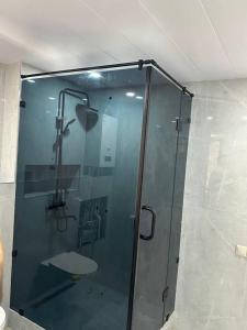 撒马尔罕Samarkand Central Apartments的浴室里设有玻璃门淋浴