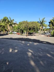 阿鲁沙Lush Garden Camping的停车场内一条棕榈树的空街道