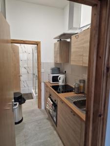 利物浦31 London Road Liverpool Sleeps 4的一间带水槽和微波炉的小厨房