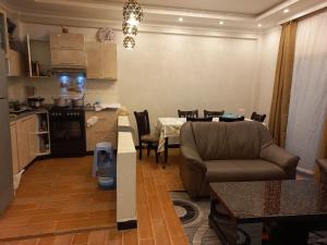 亚的斯亚贝巴G&19 Apartment的厨房以及带沙发和桌子的客厅。