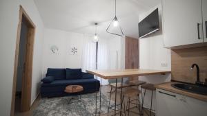 亚霍里纳Madulo apartman的小厨房配有蓝色的沙发和桌子