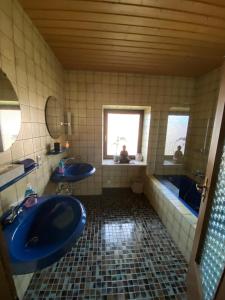 斯陶达奇格达赫Ferienwohnung Bergliebe的一间带两个盥洗盆和浴缸的浴室以及两个窗户。