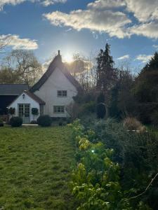 萨德伯里Forge Cottage Suffolk的白房子,有太阳背景