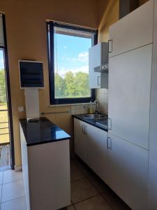 弗罗夏佩勒l'heure des vacances的厨房配有白色冰箱和窗户。