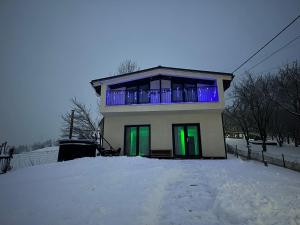 BorsaVacation house的雪中绿紫色的房屋