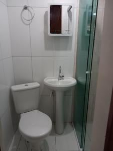 库里提巴Hospedagem e kitnetes D' Itália的一间带卫生间、水槽和镜子的浴室