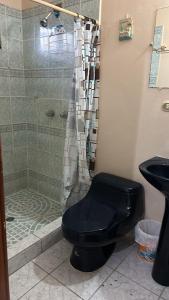 拉塞瓦Vacation Home La Ceiba的带淋浴、卫生间和盥洗盆的浴室