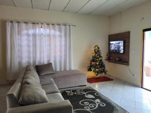 波多韦柳Casa espaçosa com linda piscina的带沙发和圣诞树的客厅
