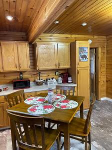 Long LakeThe Lazy Bear Cabin的厨房配有木桌和盘子