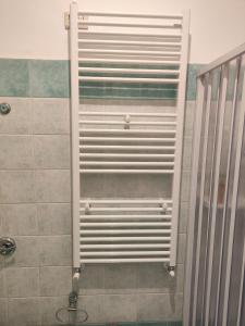 诺瓦拉Appartamento c&y Monte san Gabriele的浴室内带金属门的淋浴