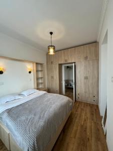 第比利斯Tea's apartment in Tbilisi的一间卧室设有一张大床,铺有木地板。