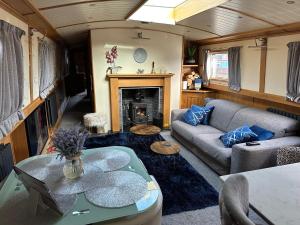 阿克斯桥Luxury boat - The Thistle Dream的带沙发和壁炉的客厅