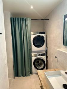 洛桑Loft industriel en duplex - The Urban Garage的带淋浴帘的浴室内的洗衣机
