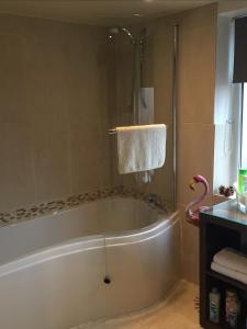 莱瑟姆-圣安妮EsJays at Knowles House的带浴缸的浴室,配有粉红色火烈鸟