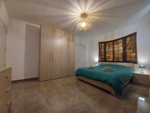 马尔萨斯卡拉Apartment in Marsaskala的一间卧室配有一张绿色的床和吊灯。