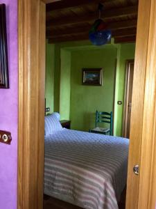 CoañaApartamentos Rurales Casa Ron的一间卧室设有绿色和紫色的墙壁和一张床