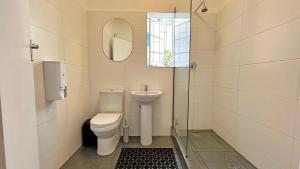开普敦Long Street Backpackers的一间带卫生间、水槽和镜子的浴室