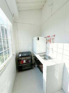 库库塔Apartaestudio Luiggis Cucuta的白色的厨房配有水槽和微波炉