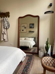 安特卫普Stunning apartment by MAS的一间卧室配有一张床和一面大镜子