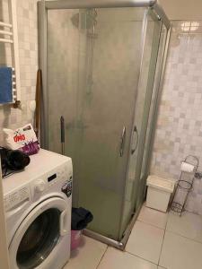 伊斯坦布尔Balat’ta huzurlu bir konaklama的带淋浴的浴室内的洗衣机