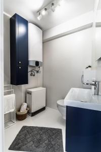 考斯赛力克Apartament z sauną na Tatrzańskim Wzgórzu的一间带水槽、卫生间和蓝色橱柜的浴室