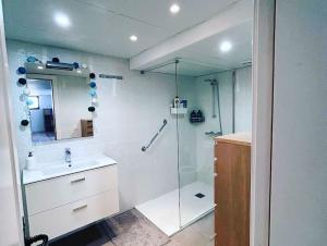 科斯塔特吉塞Large Studio Apartment!的带淋浴和盥洗盆的浴室