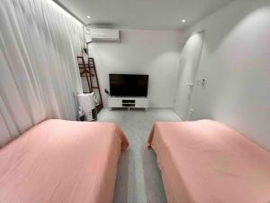 首尔Comma 1 - Cozy semi basement的一间设有两张床和电视的房间