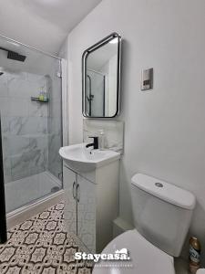 曼彻斯特Stylish 10 Bedrm House, Fast Wifi, Free Parking的一间带卫生间、水槽和镜子的浴室