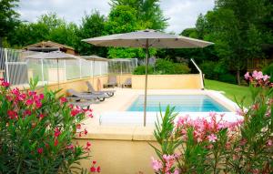 马尔凯Les Chalets du Brusquand的一个带遮阳伞和一些鲜花的游泳池