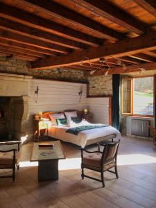 Le petit château du Villard的一间大卧室,配有一张床和一个壁炉