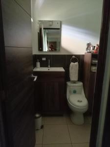 Villa NuevaHabitación cómoda的一间带卫生间、水槽和镜子的浴室