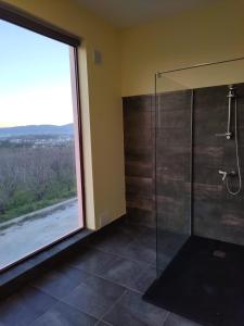 科维良Tranca da Barriga - Casa do Vinho by Quinta De São Tiago的带淋浴的浴室和大窗户