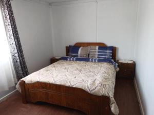 卡斯特鲁Hostal Sandrita的一间卧室配有一张带蓝色和白色床单的木床。