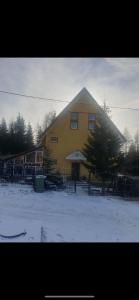 兰卡Casa valea gilortului的前面有雪的大黄房子