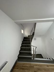 兰卡Casa valea gilortului的建筑中带有黑色台阶和白色墙壁的楼梯