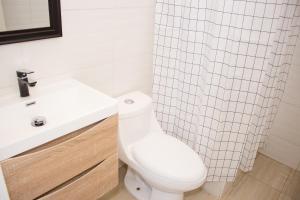 瓦尔帕莱索Casa Baron的浴室设有卫生间、水槽和淋浴帘