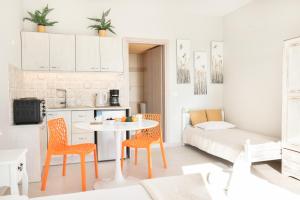 阿齐欧斯·贡多斯Louiza Apartments的厨房以及带桌椅的起居室。