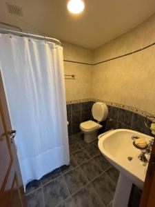 圣罗莎Hermoso depto, inmejorable zona!的浴室配有白色的浴帘和卫生间
